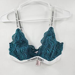 Victoria's Secret large bralette bra teal green blue lace sexy logo strap